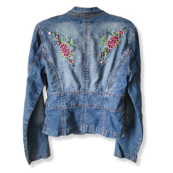 Y2K XOXO Women Denim Floral Embroidered Jacket Blazer S M Boho Phoebe Artsy - Picture 4 of 13